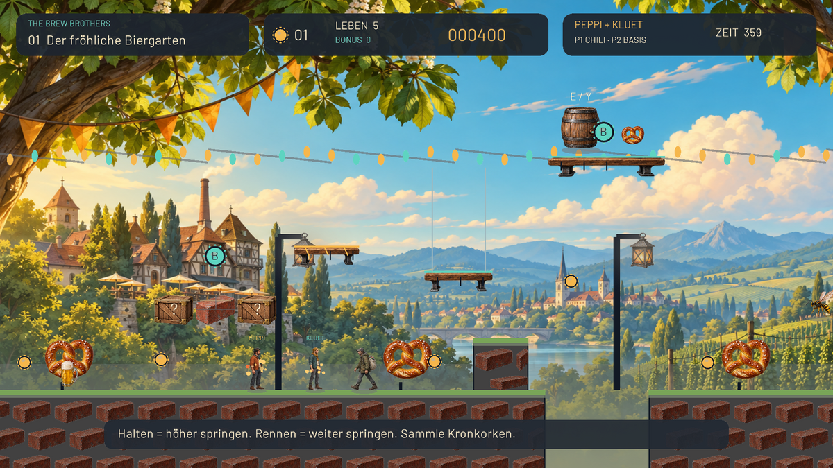 The Brew Brothers: Peppi und Kluet gemeinsam im sonnigen Biergarten – echte Spielszene der Version 0.2.