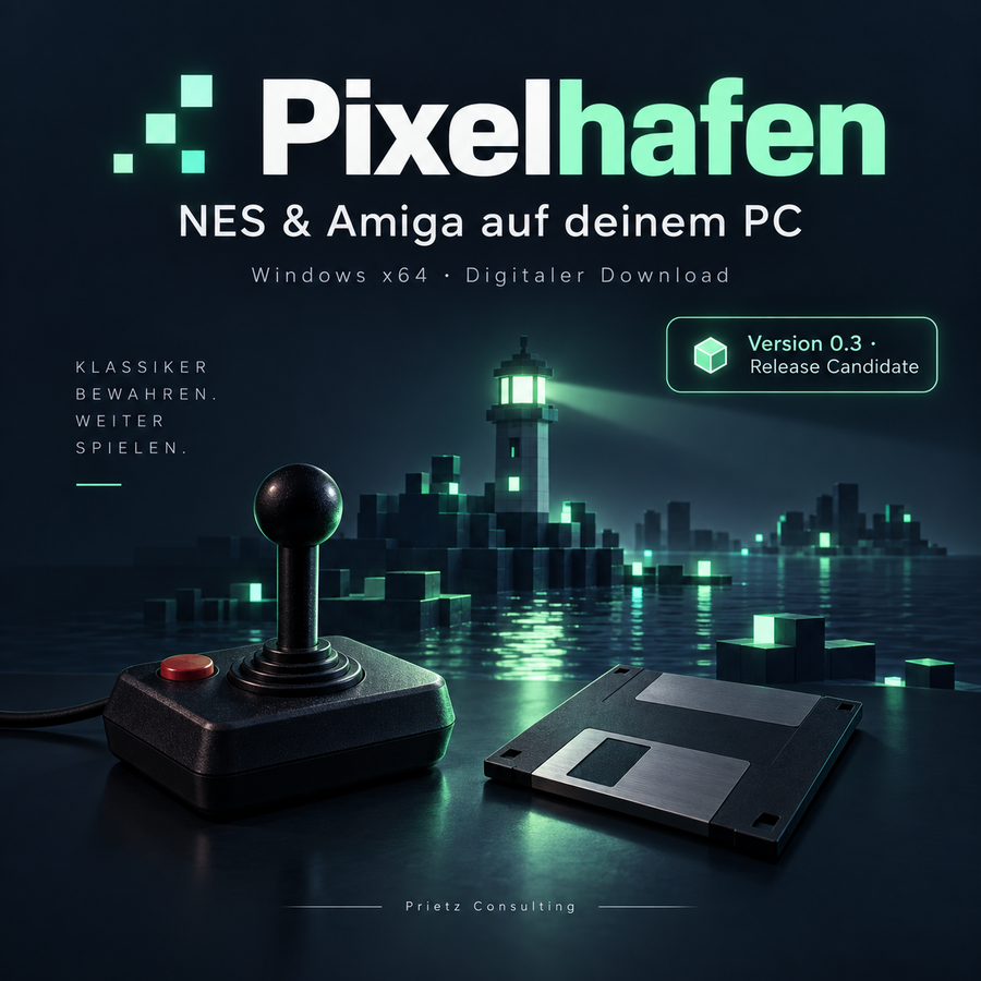 Pixelhafen für Windows: NES- und Amiga-Emulator, Version 0.3 Release Candidate. Titelmotiv mit Retro-Joystick, Diskette und mintfarbenem Pixel-Leuchtturm.