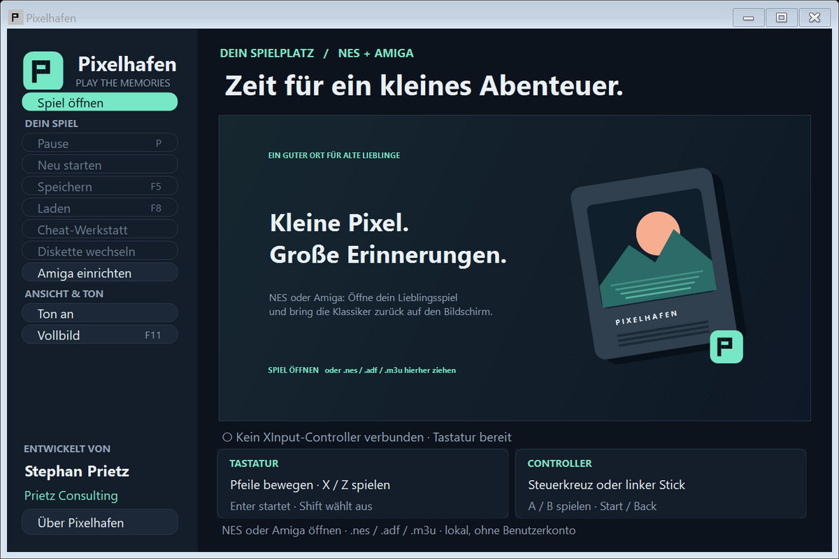 Originalansicht von Pixelhafen: deutsche Oberfläche mit Spiel öffnen, Speicherständen, NES-Cheat-Werkstatt und Amiga-Einstellungen. Entwickelt von Stephan Prietz – Prietz Consulting.