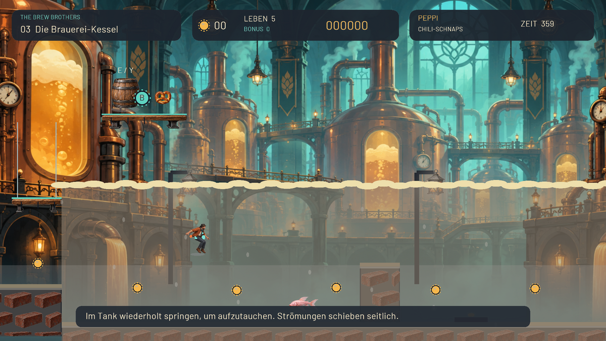 Peppi in den Brauerei-Gärtanks – echte Spielszene aus The Brew Brothers 0.2.